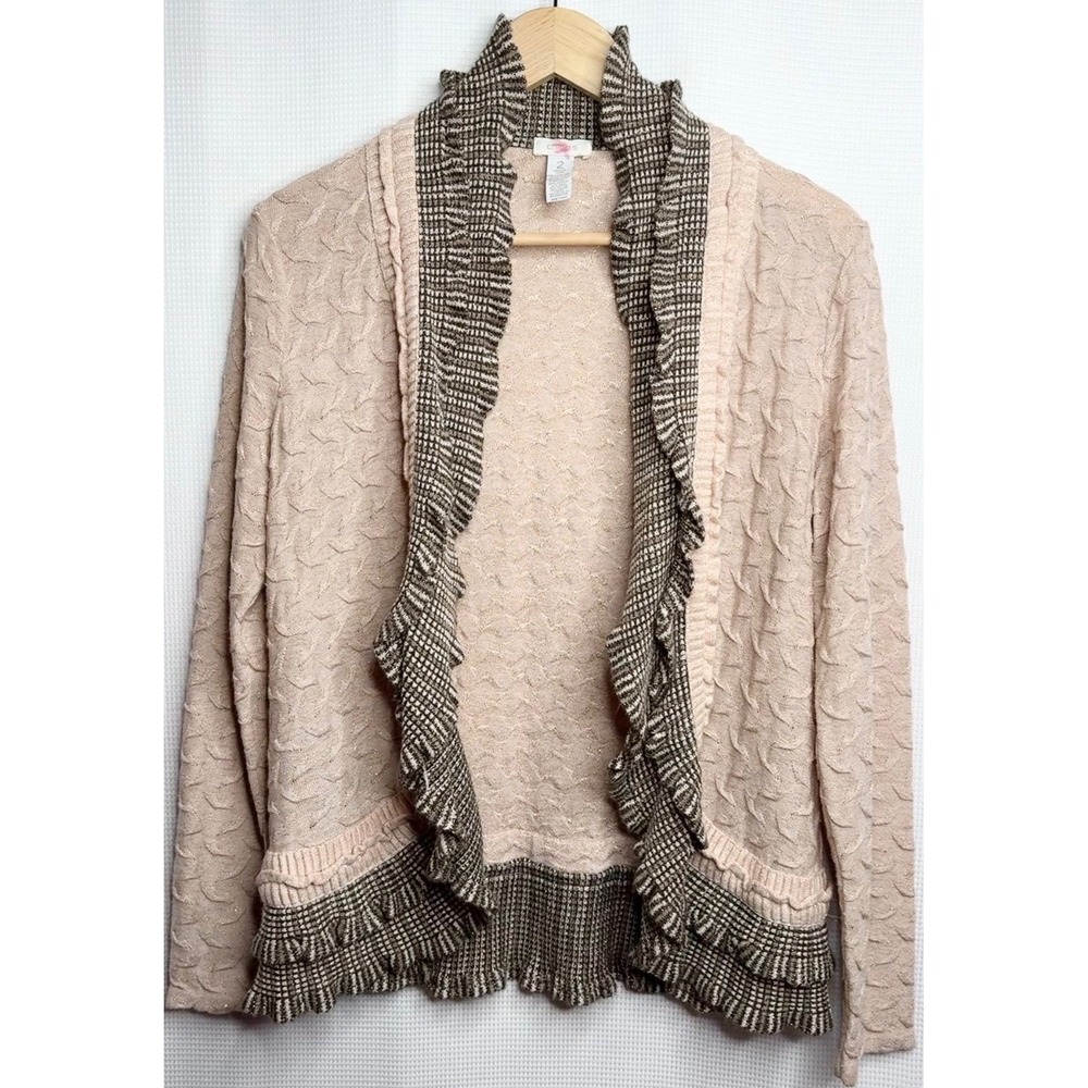 Chico's Metallic Ruffle Trim Open Front Cardigan Tan Brown Wool Blend Size 2